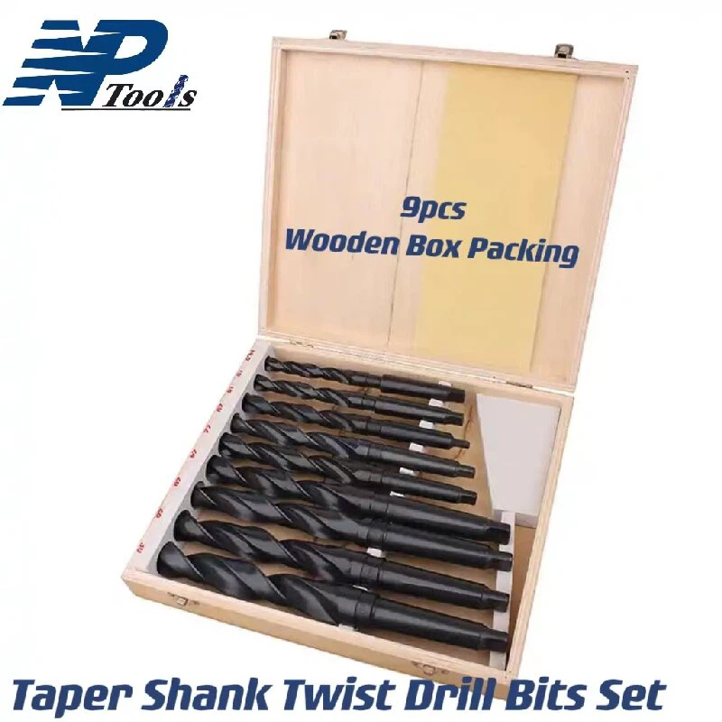 9pcs Wooden Box HSS Taper Shank Twist Drill Bit Set